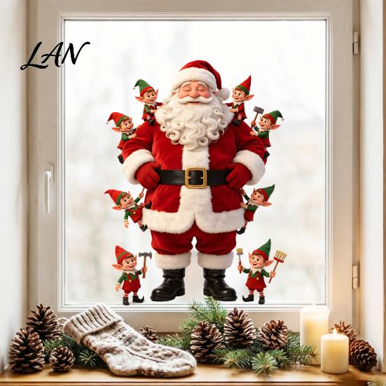 PVC Festive Window Stickers Christmas Cling, Cute Santa Claus And Elf Boys Decal, Holiday Home Decor Gifts Winter Reusable Static Glass Sticker