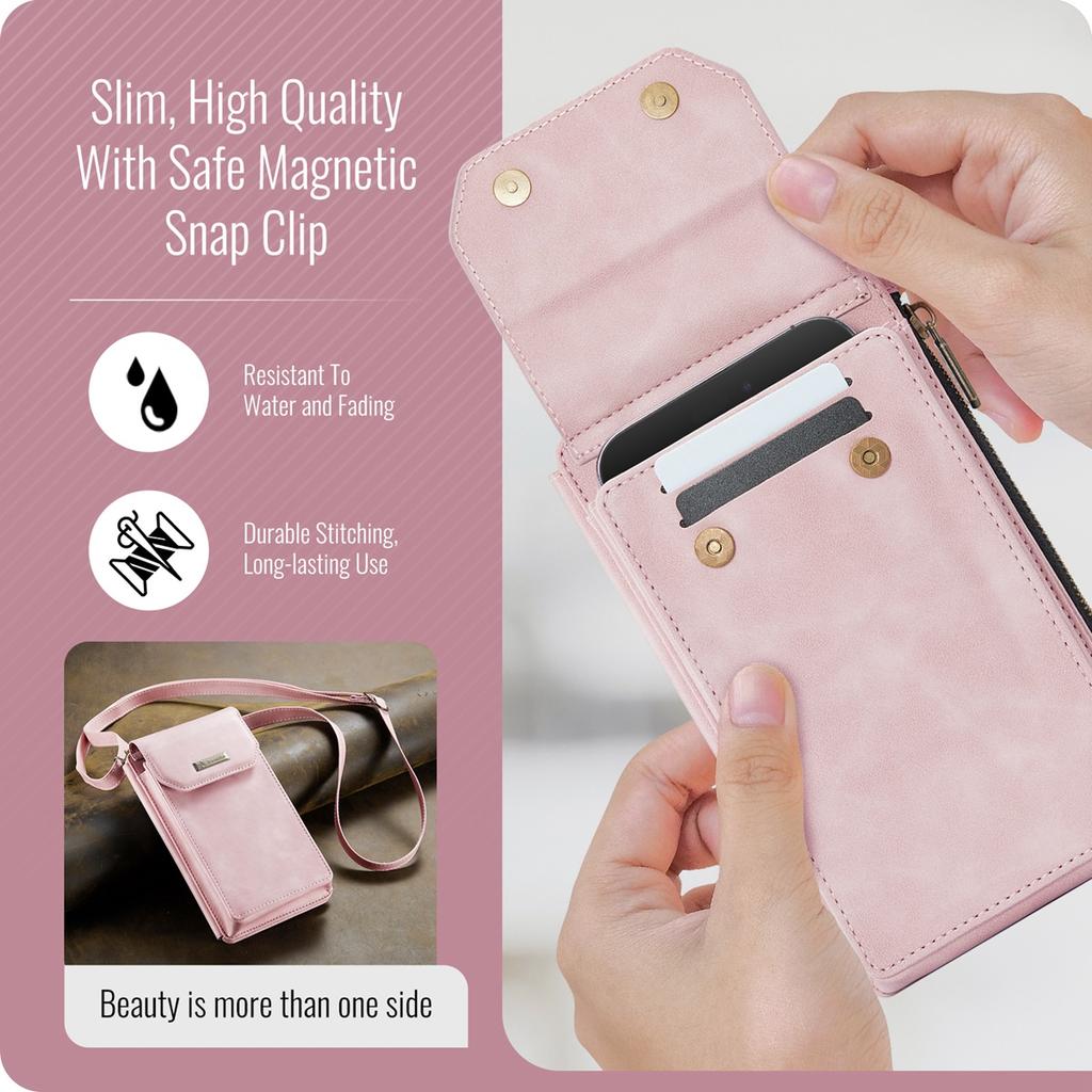 Multi-function Cellphone PU Leather 9 Card Slots Wallet Case with 2 Ropes for iPhone Samsung Xiaomi Anti-theft Brush Universal Size Zipper Bag