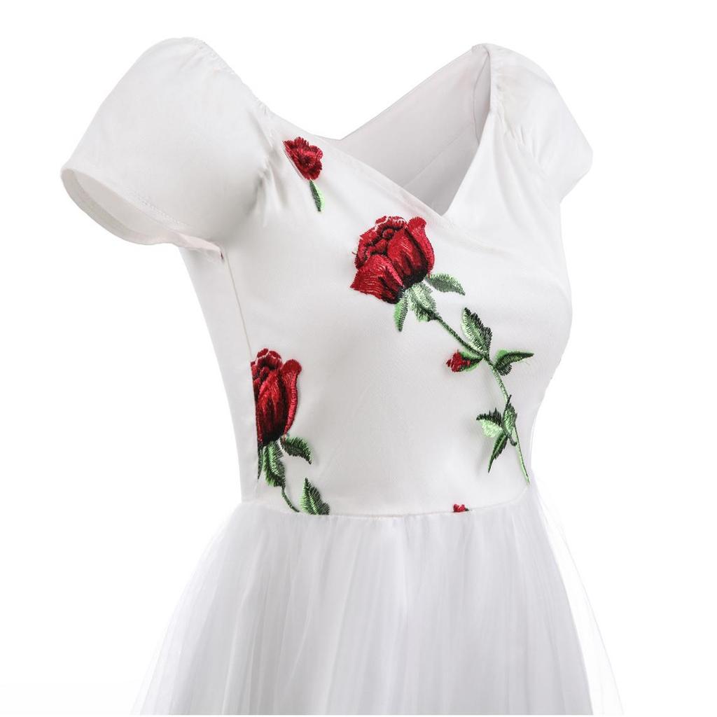 Women's Embroided Prom Dress Rose Flowers Mesh Tulle Off Shoulder Midi Skater Wedding Guest Evening Cocktail Party Special Formal Occasion Oufits