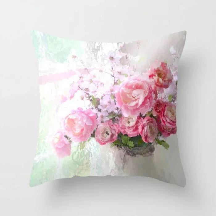 Полиэстеровая наволочка с розовыми цветами, в скандинавском стиле, для украшения дома, декоративная подушка для дивана, кровати, автомобиля, наволочка