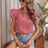 Женская рубашка с короткими рукавами и v-образным вырезом с рюшами, повседневный клетчатый топ