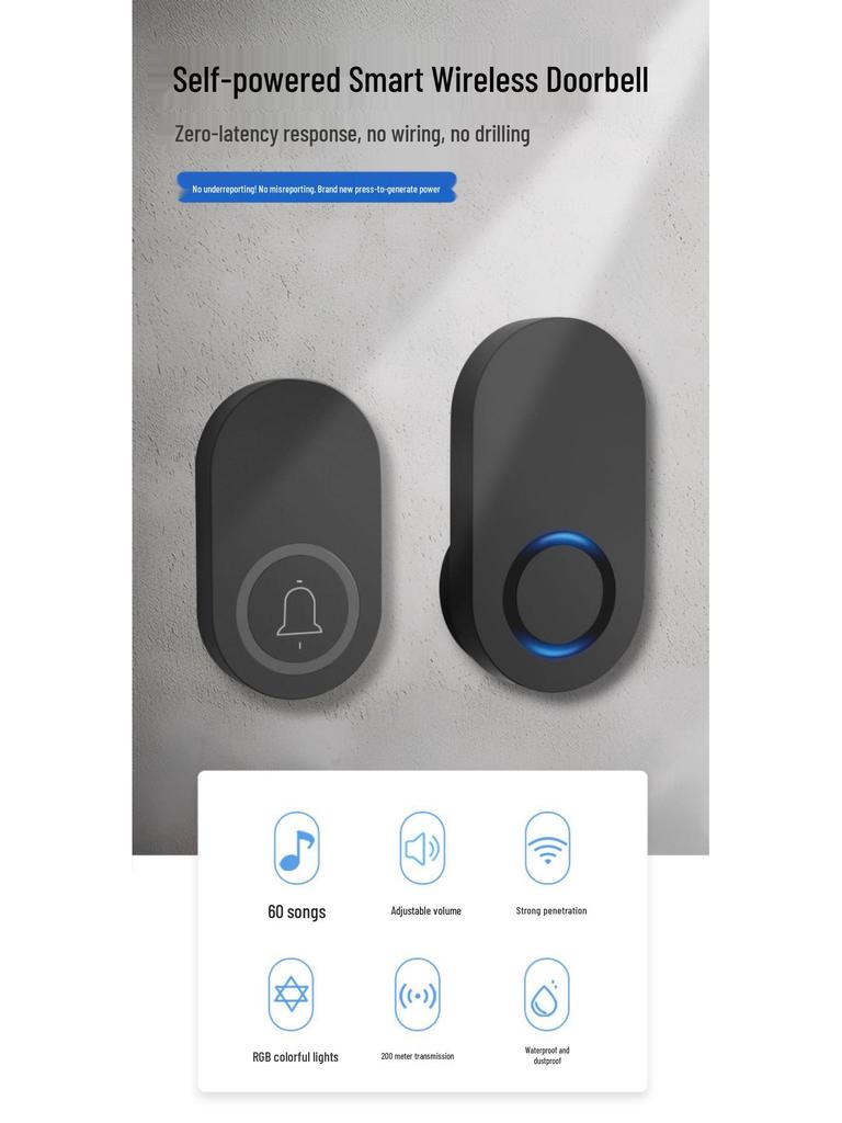 Беспроводной самопитающийся водонепроницаемый дверной звонок с большим радиусом действия и высокой громкостью для домов и пейджинга пожилых людей