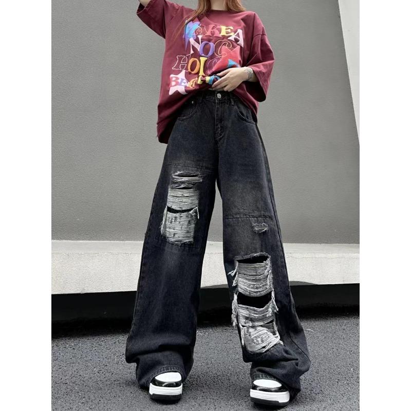 American Retro Jeans Loose Wide-leg Jeans Women Blue Hole Look Thin Trendy All-match Wide Leg Straight Mopping Pants Women 2024