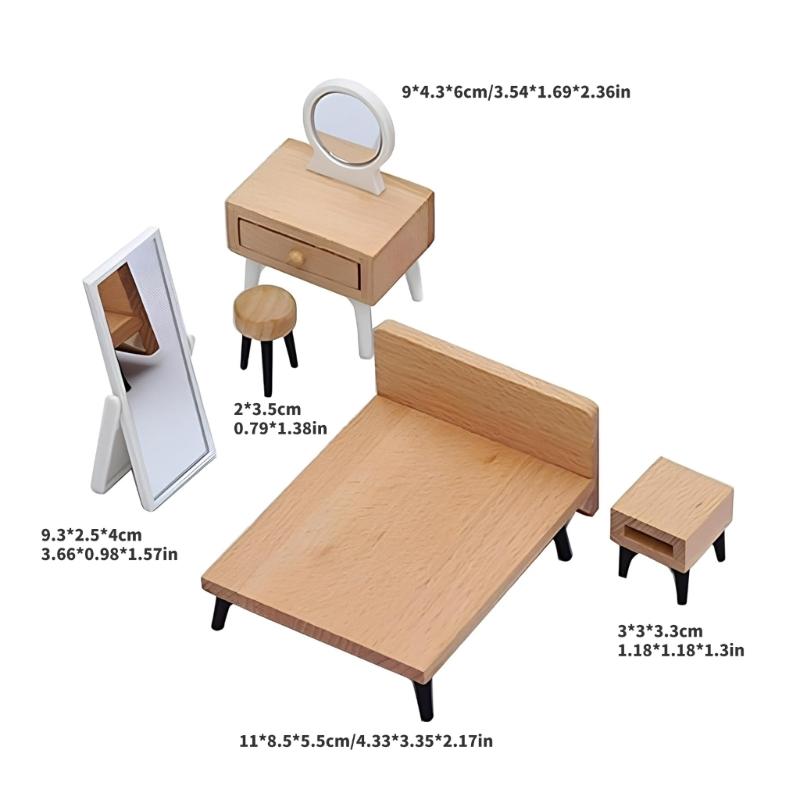 Набор из 5 пластиковых деревянных кукольных аксессуаров для спальни с крошечным шкафом, туалетным столиком, стулом и прикроватной тумбочкой для детского игрового домика