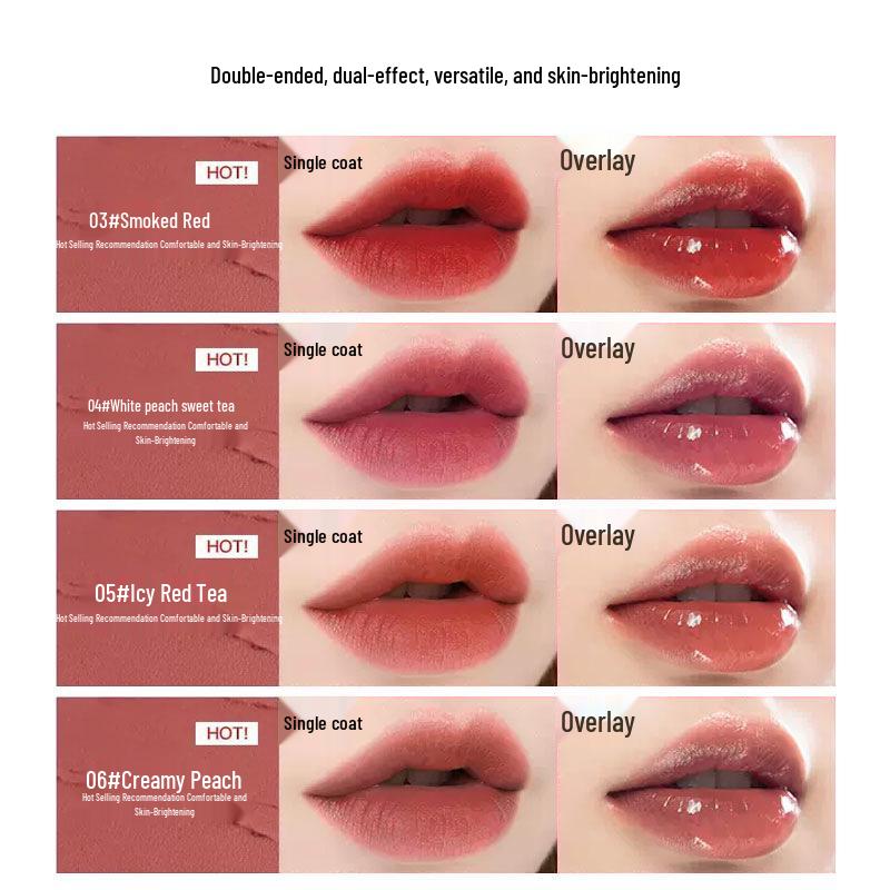 Двусторонний блеск и глосс для губ: Зеркальный финиш, эффект водного сияния, не выцветающий нюдовый оттенок.