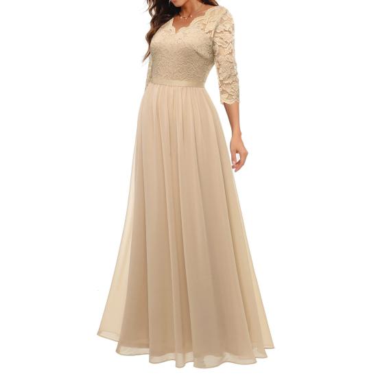 Women V-neck 3/4 Sleeve Gown Dress Crochet Lace Mesh Stitching High Waist A-Line Maxi Dress Backless Solid Color Long Dress