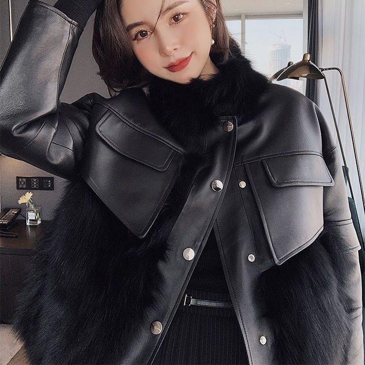 Chic Faux Fur Coat with Leather Patchwork for Women - Perfect for Autumn and Winter