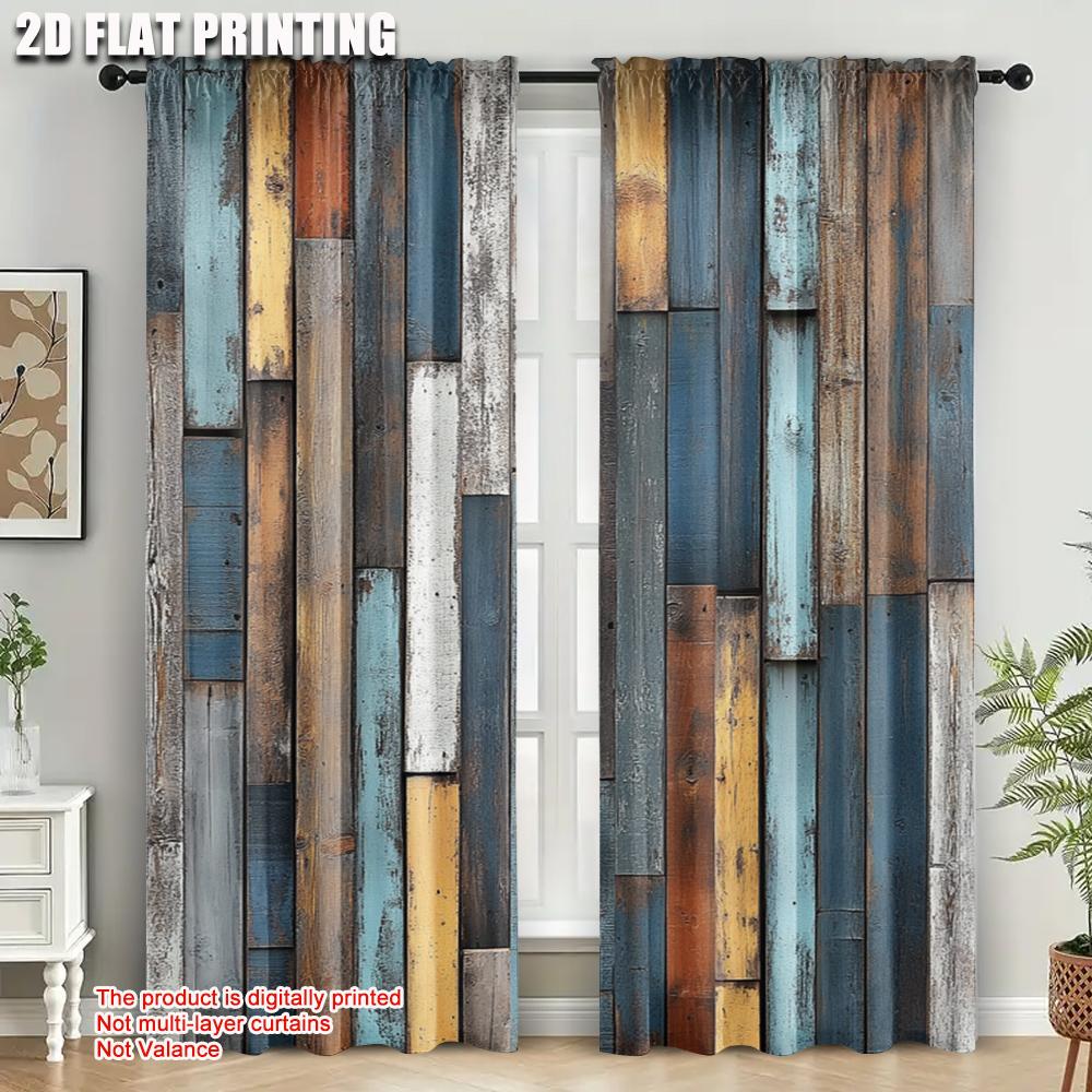 2pcs, Popular Curtain Panels 2D print Retro Faux Wood Plank Machine Washable Fabric (without rod) Gifts Perfect for Living Room,
