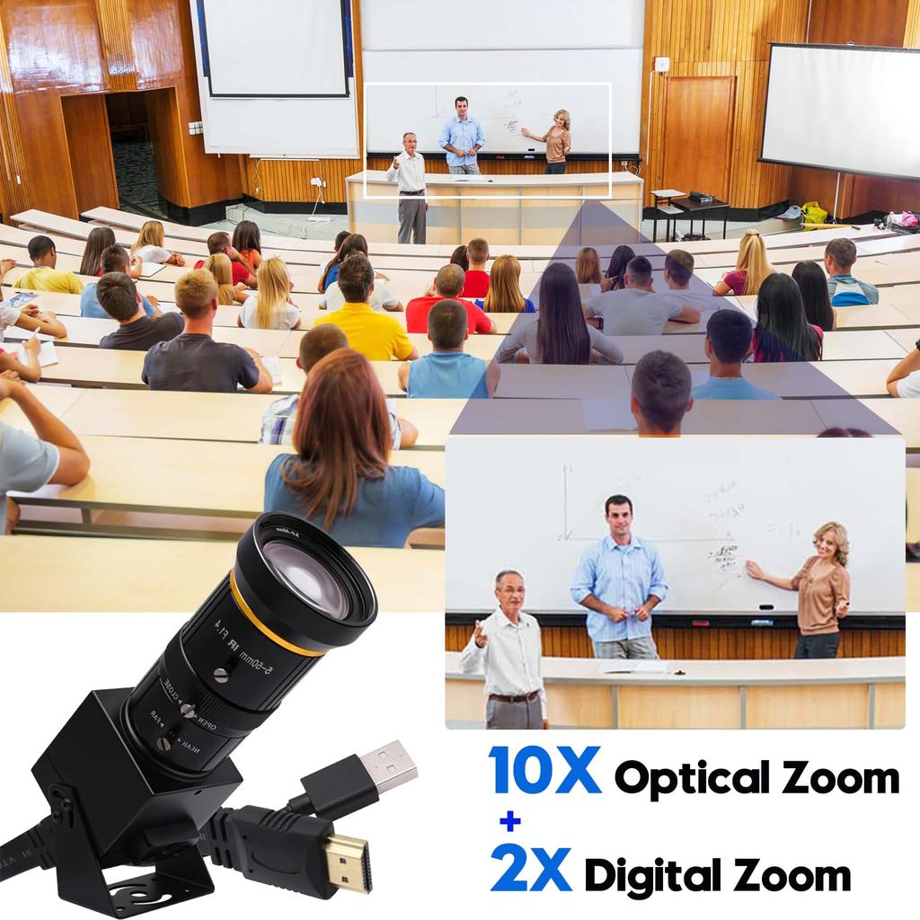 SVPRO 4K USB Camera with 10x Optical Microscope 60fps Dual Output Video Streaming Webcam for Raspberry and Monitors Zoom, 5-50mm Lens, HDMI/USB3.0