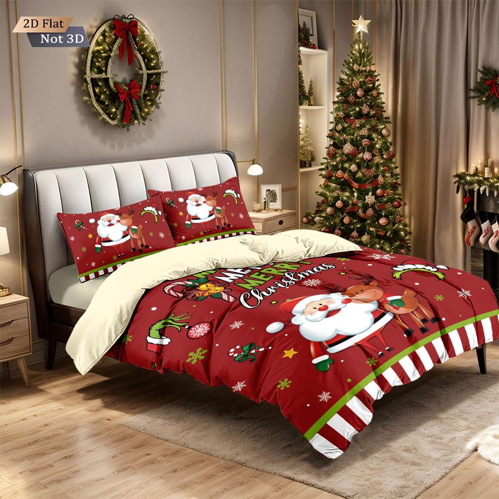 3pcs Merry Christmas Santa Claus Gold Printed Quilt Set Multi Size Dormitory Bedding Holiday Decoration Machine Washable