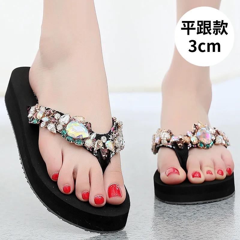 Модные женские тапочки на плоской подошве, роскошные шлепанцы со стразами, сандалии, праздничная пляжная обувь, сандалии на танкетке, женские сандалии на платформе, размер 41-42