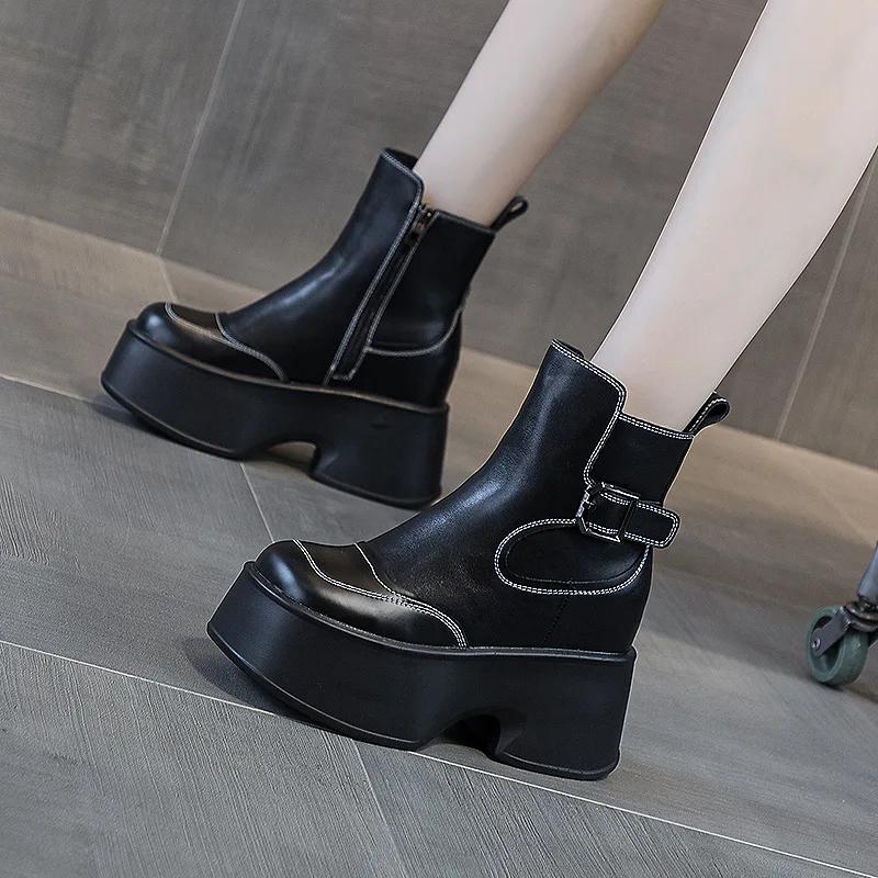 Модные женские ботильоны на толстом каблуке 11 см, осень и зима, увеличивающие рост, на толстой подошве, новые кожаные ботильоны 2024 года для женщин невысокого роста