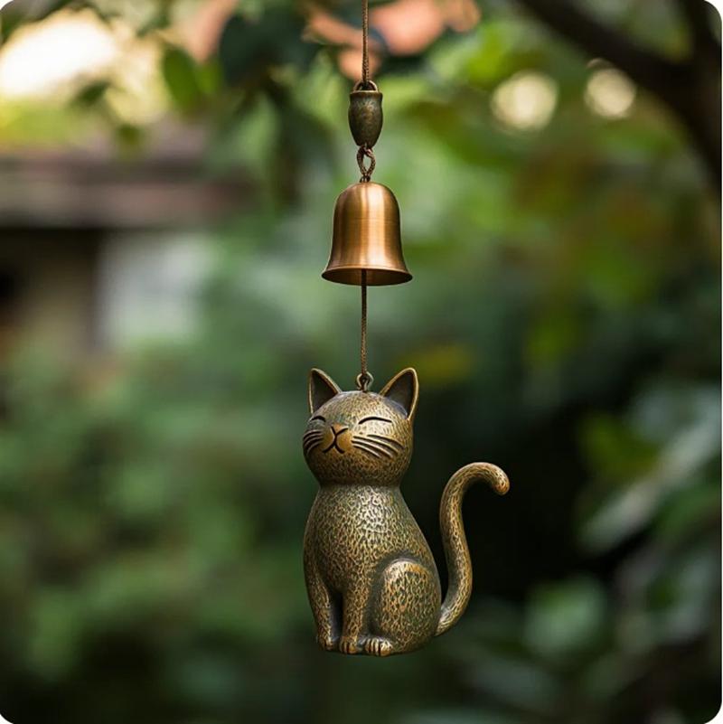 Bronze Lucky Cat Wind Chime Pendant Metal Wind Bell Tassels Figurines Japanese Feng Shui Home Decorations Gift