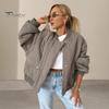 Women Fall Winter Coat Press Button Closure Long Sleeves with Pockets Loose Round Neck Daily Jacket Solid Color Outerwear for School Travel