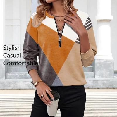 Женская мода повседневная весна осень геометрический принт длинный рукав О-образный вырез блузки и рубашки