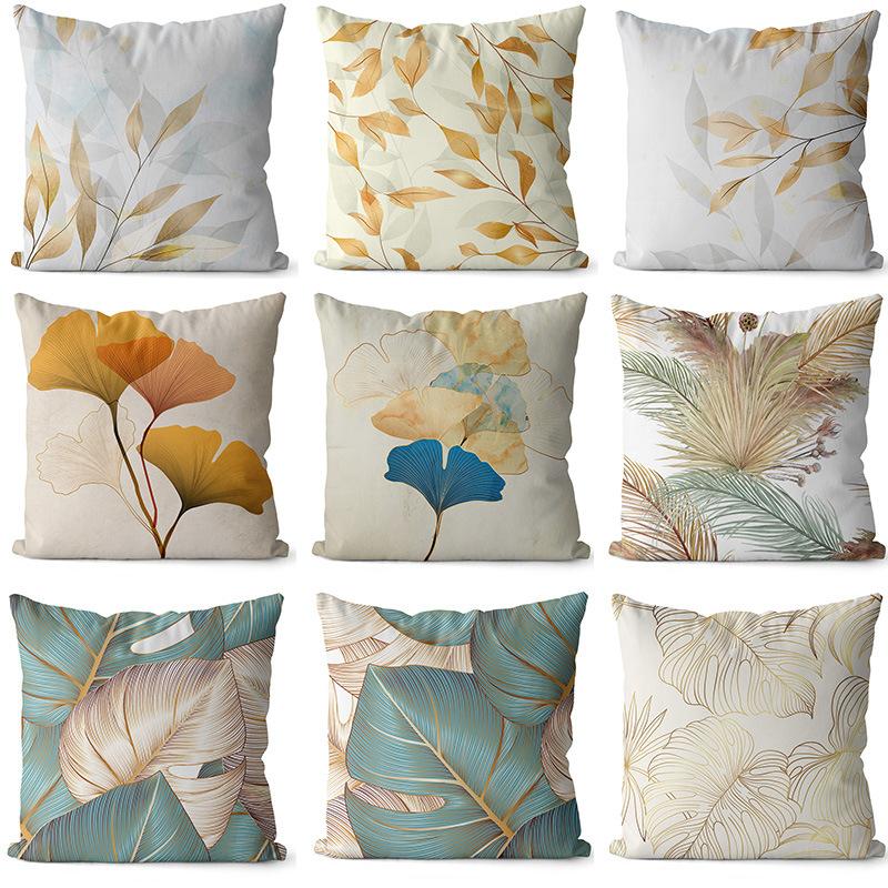 Golden Ginkgo Leaf Peach Skin Velvet Pillow Cover Leaf Print Home Pillow Cover Living Room Cushion Cover
