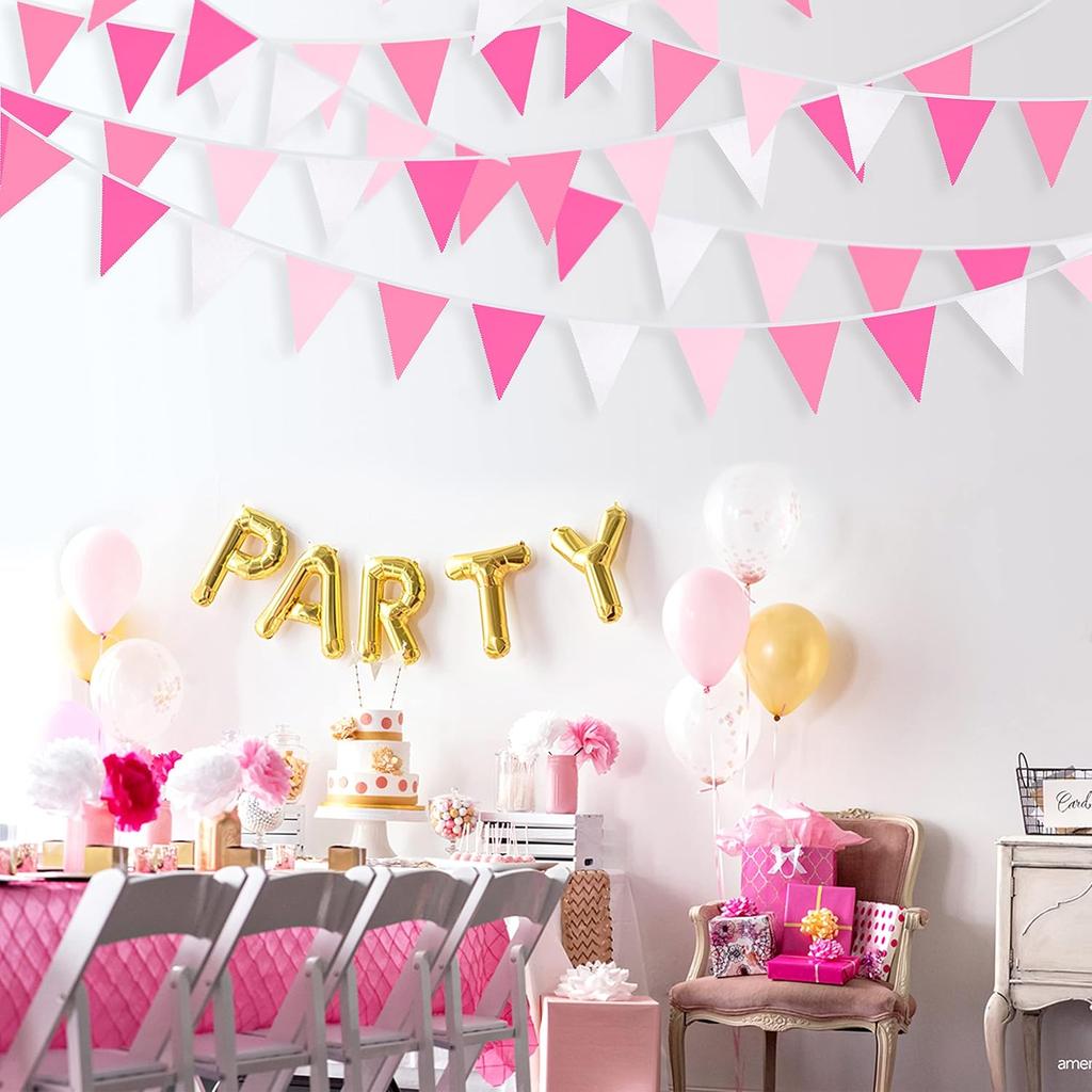 32Ft Rose Hot Pink Pennant Banner Fabric Triangle Flag Cotton Bunting Garland Kit for Wedding Birthday Baby Shower Anniversary Party Home Nursery