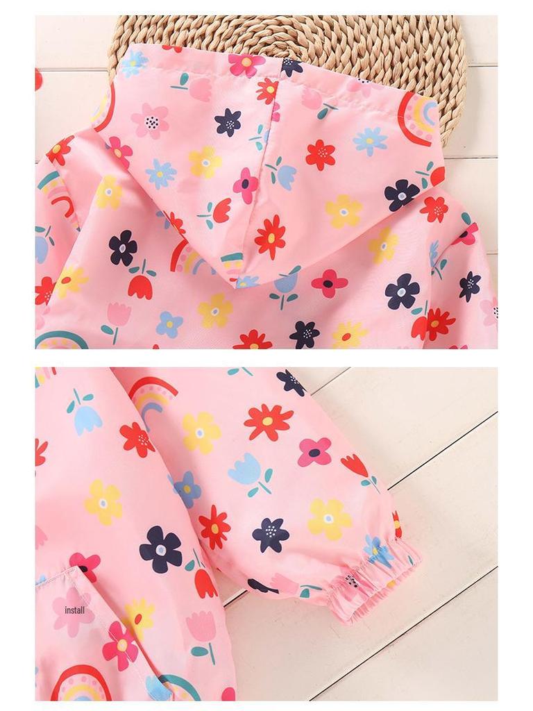 2025 Spring/Summer Korean Style Girls' Printed Hooded Windbreaker Cardigan