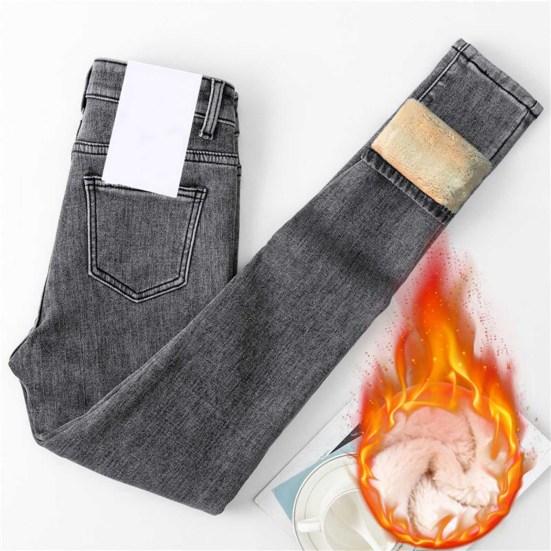 Women Winter Plush Jeans High Waist Thick Velvet Lined Slim Fit Pencil Pants Button Zipper