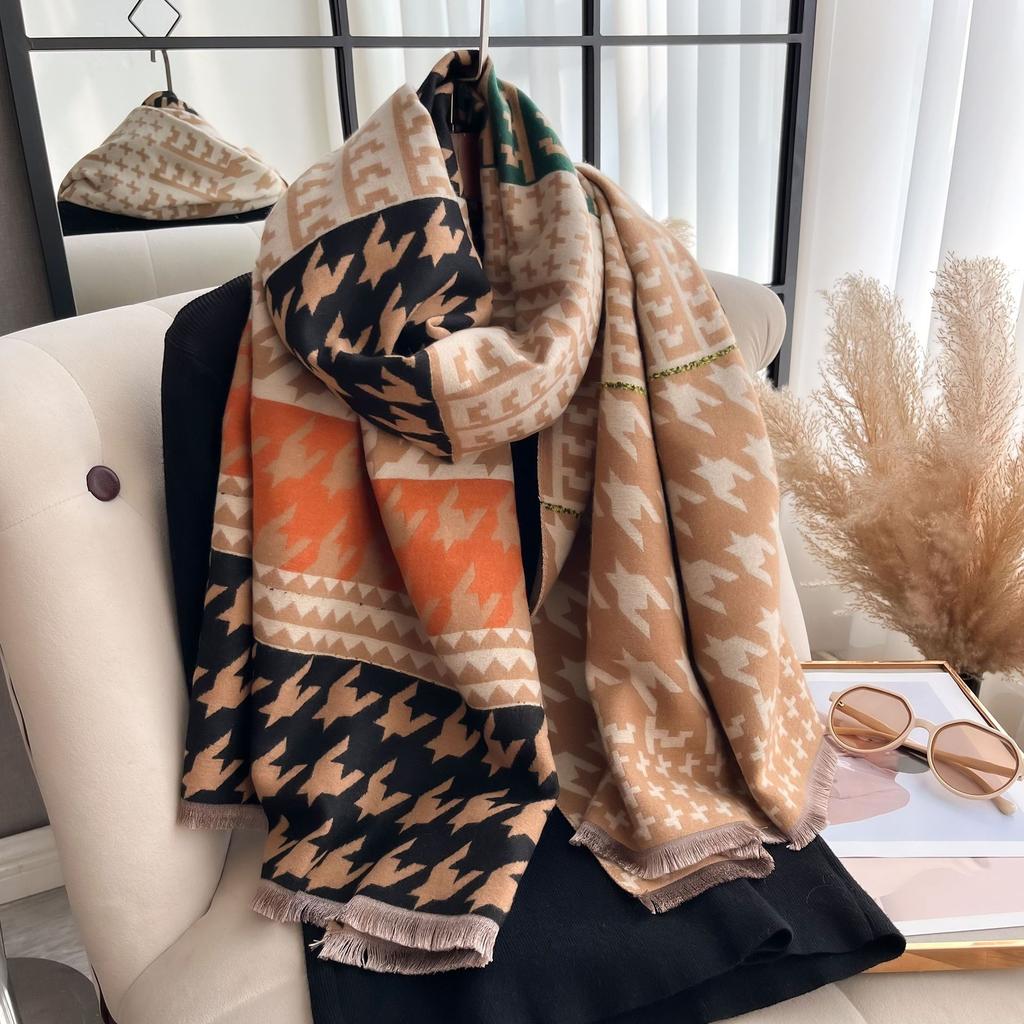 Houndstooth Autumn And Winter Thickened Short Beard Tassel Fashion Warm Ladies Scarf Medium Length Air Conditioner Shawl