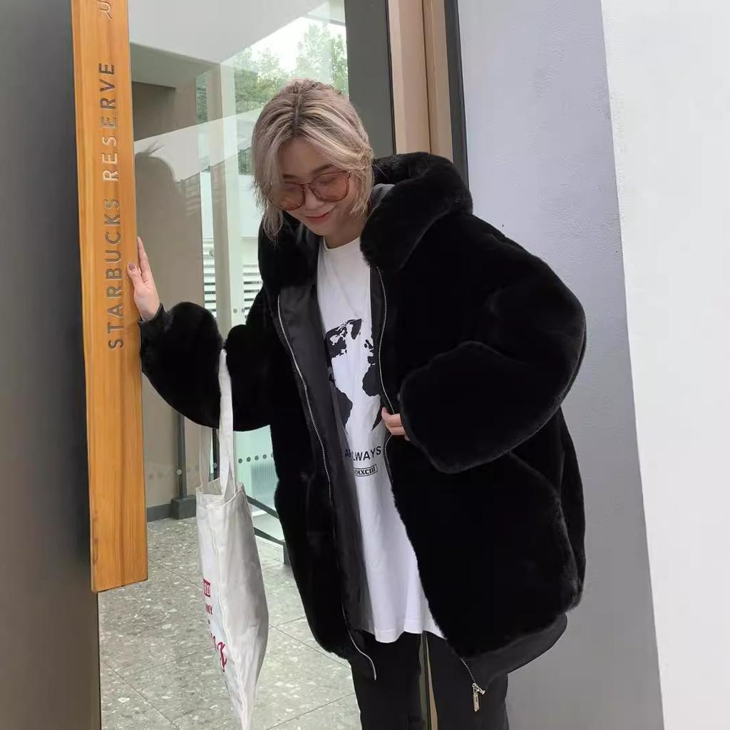 Winter Medium and Long Threaded Fur Jacket New Cocoon Thickened Imitation Rabbit Fur Large Size Women's Hooded Plush Coat