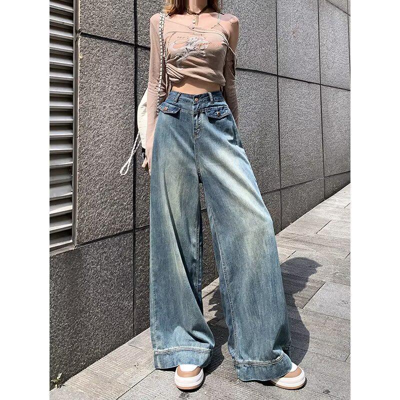 Women's American Retro Distressed Wide-Leg Jeans - Versatile, Loose, Straight-Leg Pocket Pants for Spring