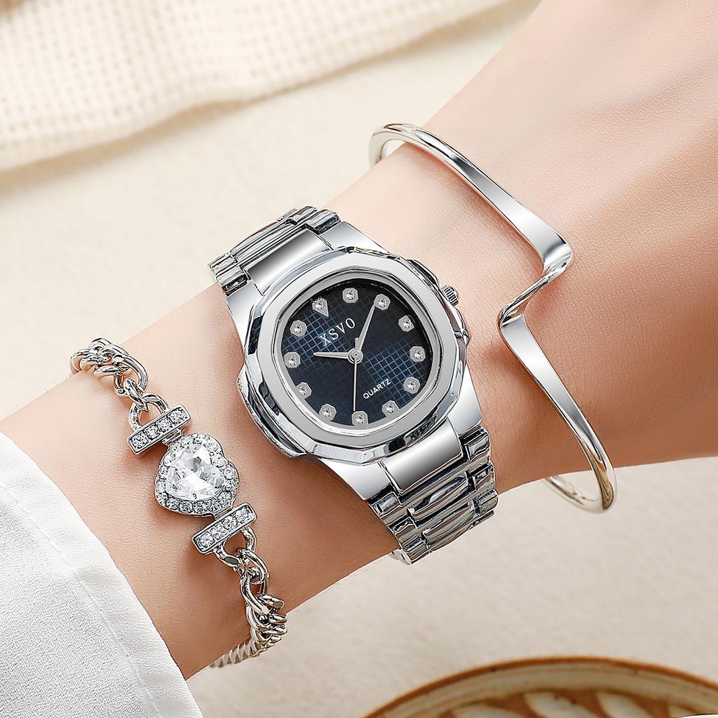 No Gift Box, Small Batch Watches, Korean Version of the Square Versatile Quartz Watches Heart-shaped Diamond Bracelet 3 Sets