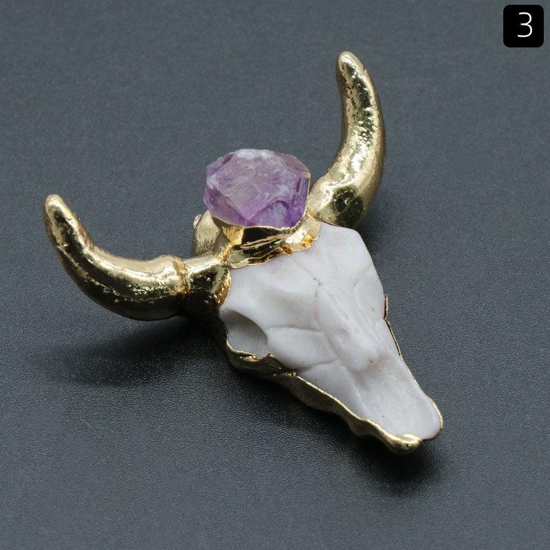 Gold Plated Bull Pendant Natural Crystal Healing Stone Inlaid Resin DIY Jewelry Accessories with Bull Head Necklace