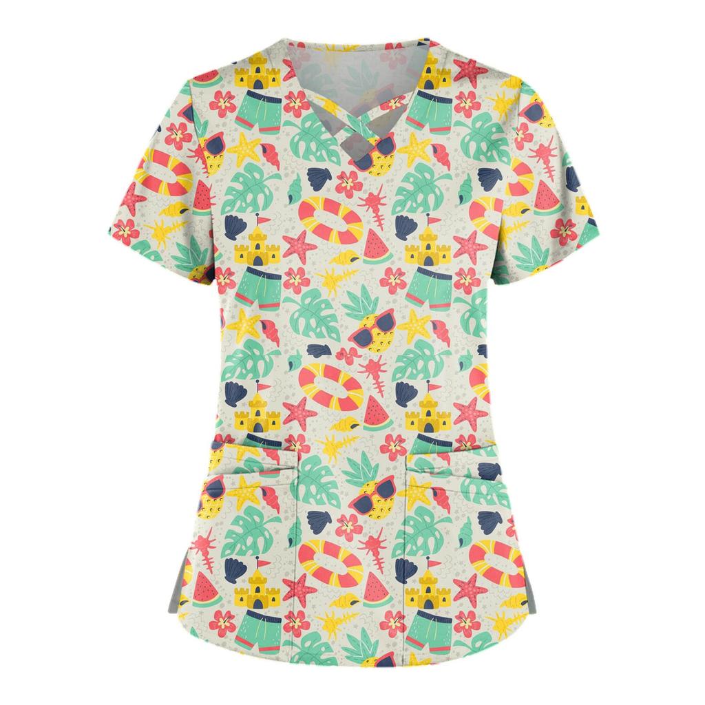 Плюс размер, милая рабочая форма с принтом, топы для женщин, забавные футболки с перекрестным v-образным вырезом и короткими рукавами, рабочая одежда, футболка с карманами