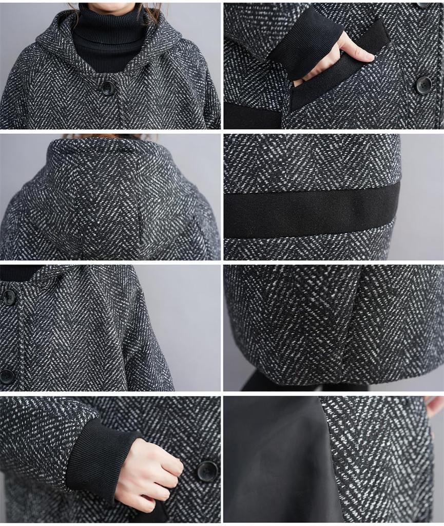 ZHENGTU Raglan Sleeve Cocoon Coat with Chesterfield Flattering Plus Women's Hood, Style, Buttons, Sizes, Casual, Fall/Winter (Color Shown, XL)