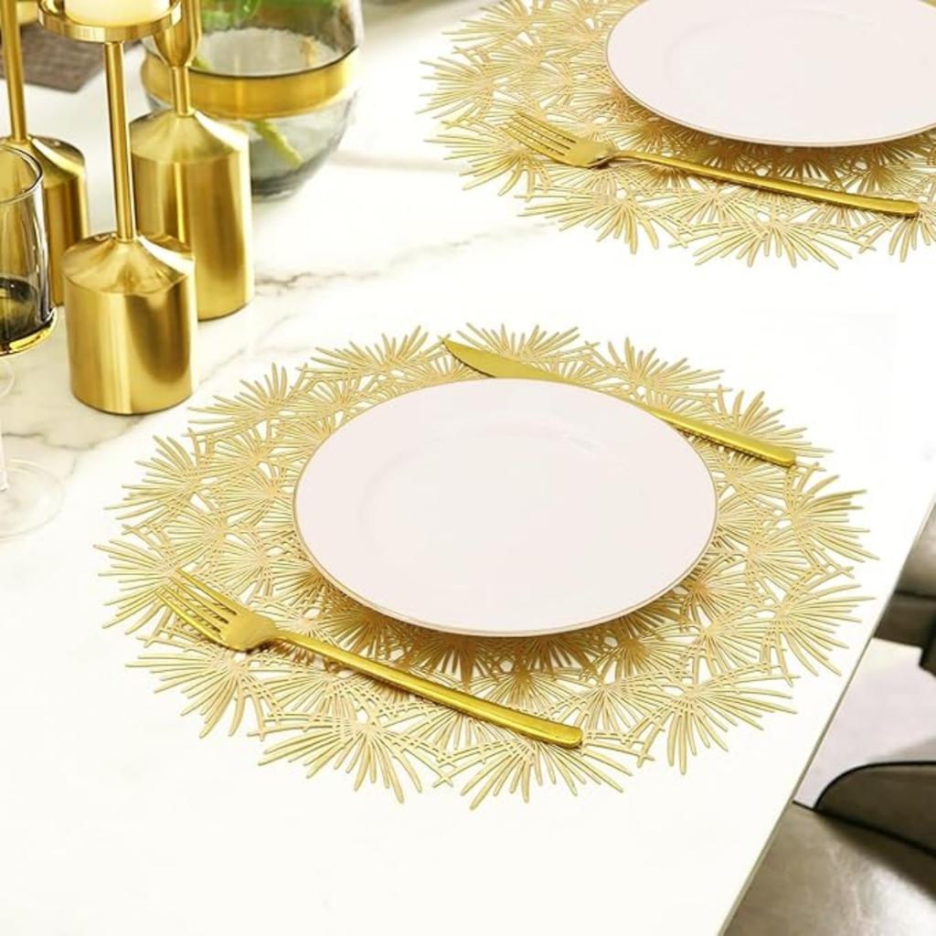 4PCS Round Gold Placemats Elegant Tablemats-Dandelion Flower Shape Placemats Vinyl Place Mats for Kitchen Dining Table Holiday Wedding Decorative