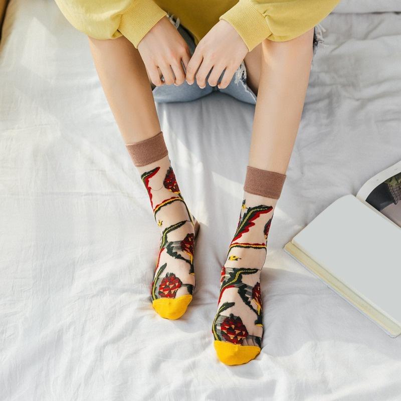 1 пара ультратонких прозрачных шелковых носков с хрустальным стеклом, женские креативные носки в стиле Харадзюку с цветочным рисунком котенка, мягкие эластичные кружевные прозрачные носки для девочек