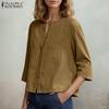 Women Casual Round Neck Loose 3/4 Sleeve Blouse