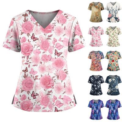 Женский повседневный топ с принтом, V-образным вырезом, карманом, боковым разрезом и короткими рукавами