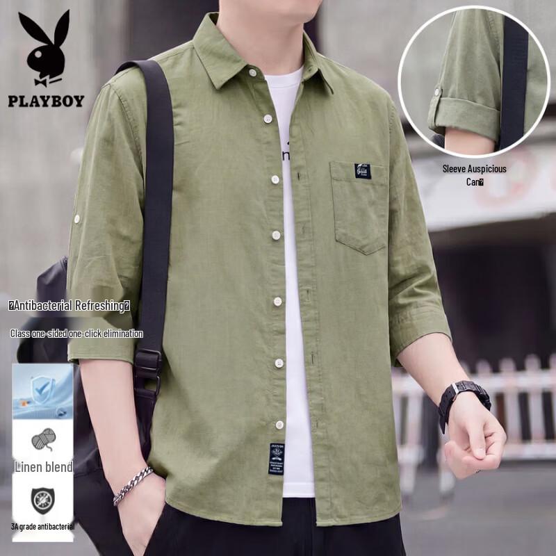 Playboy Men's Cotton Linen 3/4 Sleeve Casual Shirt