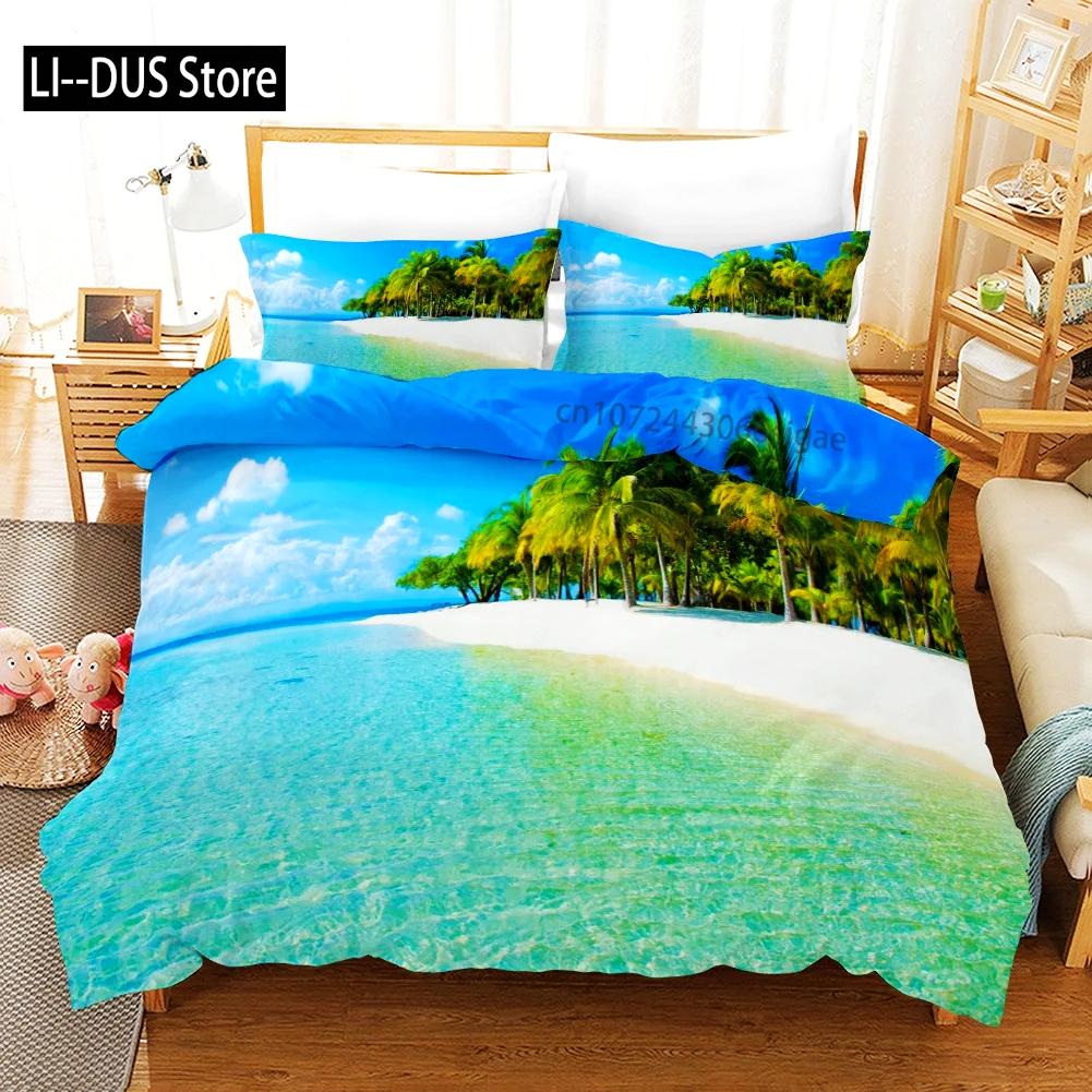 Tropical Duvet Cover Set King Size Microfiber Palm Trees Silhouette Sunset Tropical Beach Coastline Exotic Vacations Bedding Set