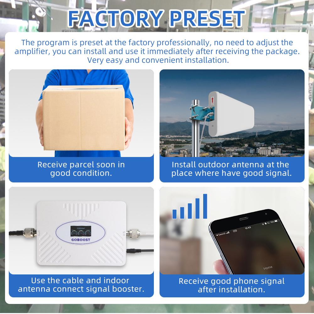 GOBOOST Новый модернизированный трехдиапазонный усилитель сигнала с высоким коэффициентом усиления 70 дБ 2G + 3G + 4G Усилитель сотовой связи 850 900 1800 2100 МГц Ретранслятор мобильной сети с комплектом антенны