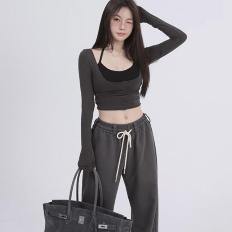 VAYLA Two Pieces Set Y2k Aesthetic Harajuku T-shirts Halter Long Sleeve Tee Shirts Femme All Match Spaghetti Stap Patchwork Top Women