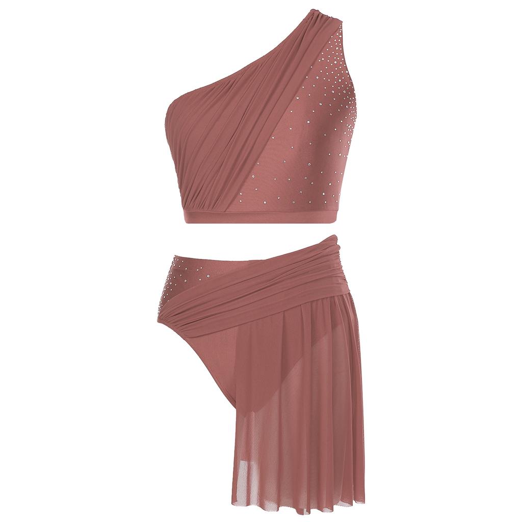 Женский лирический танцевальный костюм, укороченный топ на одно плечо с сетчатой юбкой, трусы, двухкомпонентный современный наряд