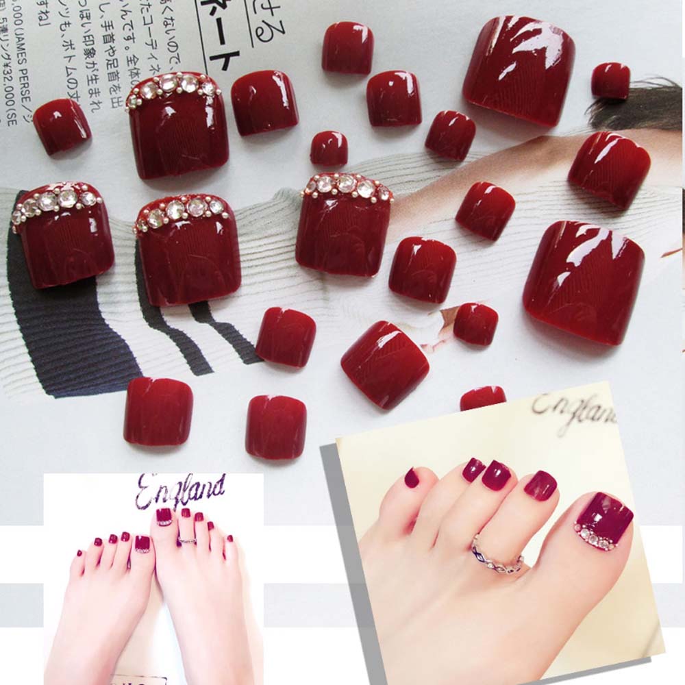 Wine Red Full Cover False Nails DIY Nail Art Tip 3D Rhinestones Fake Toe Nails Short Nails Patch
