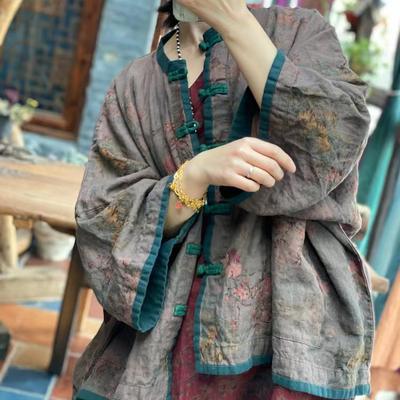 Женская винтажная льняная рубашка с длинным рукавом с принтом, модная однобортная осенняя рубашка в китайском стиле