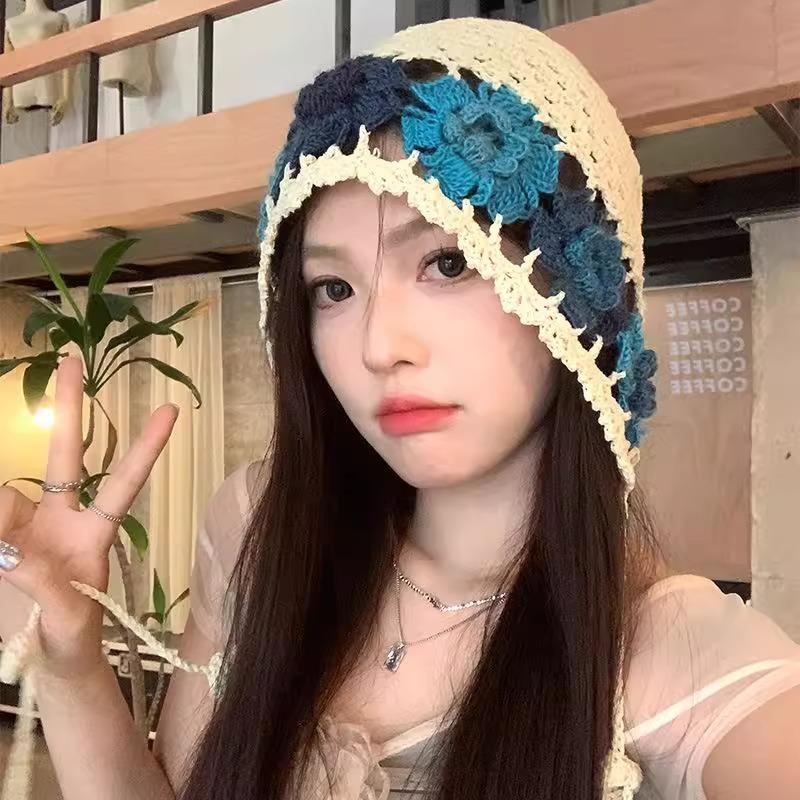 Весенне-летняя литературная и красочная шапка-повязка с полыми цветами, женская, милая и модная, ручной работы, вязаная из шерсти