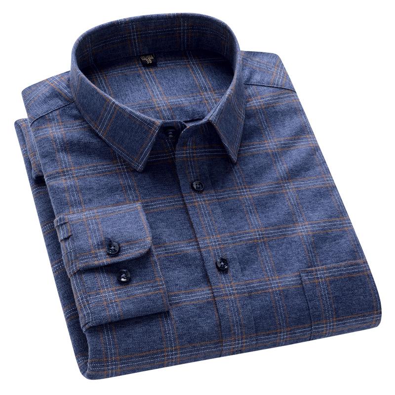 100% Cotton Flannel Men Leisure Shirts Business Long Sleeve Spring Autumn Casual Male Plaid Shirt with Pocket Regular Fit