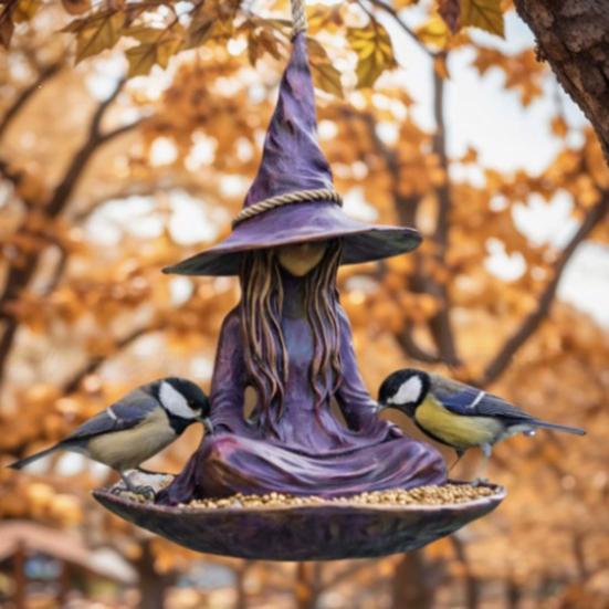 Meditating Witch Garden Bird Feeder Purple Hat Witch Wild Bird Seeds Tray