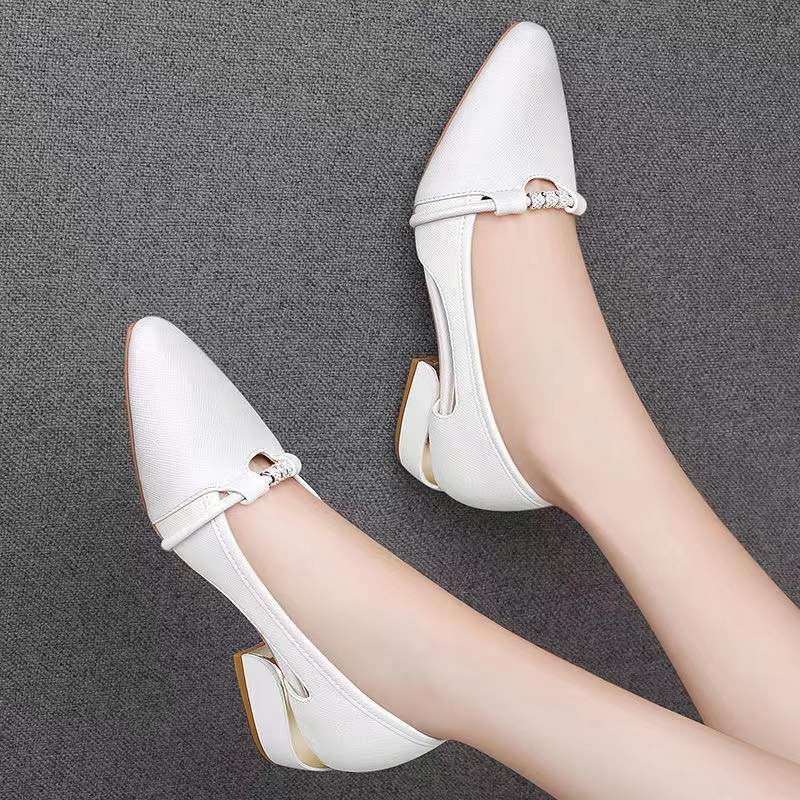 Shallow-mouthed Shoes Women's Low-heeled Spring and Autumn Shoes Joker White Thick Heel Work Shoes Anti-slip