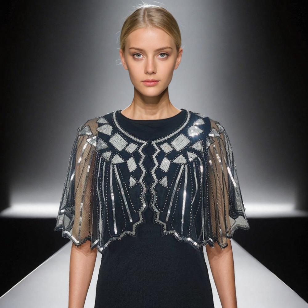 Beaded Decoration Women's Sequins Shawl Vintage Flapper Party Shawl Elegant Evening Cape Ladies