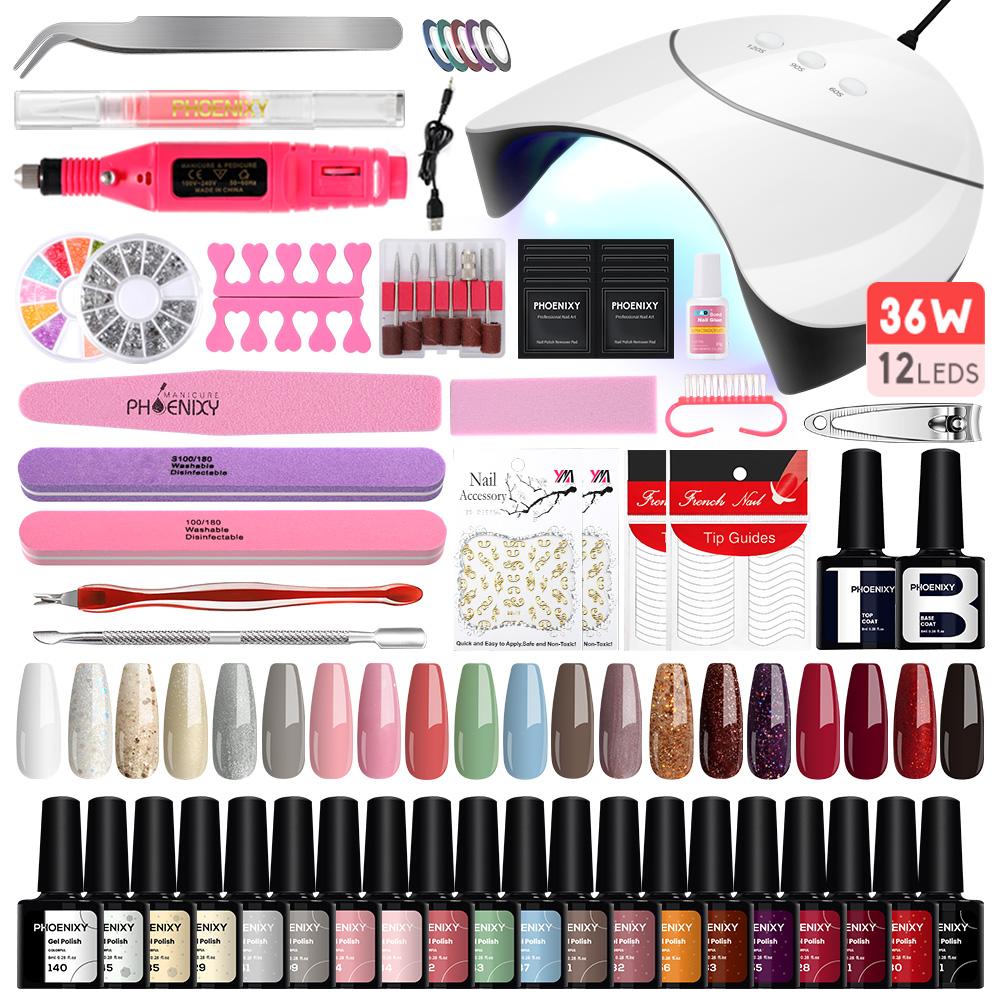 Набор для ногтей PHOENIXY с лампой для ногтей, дрель для ногтей, маникюрный набор, набор инструментов для дизайна ногтей, набор гелей для лака для ногтей
