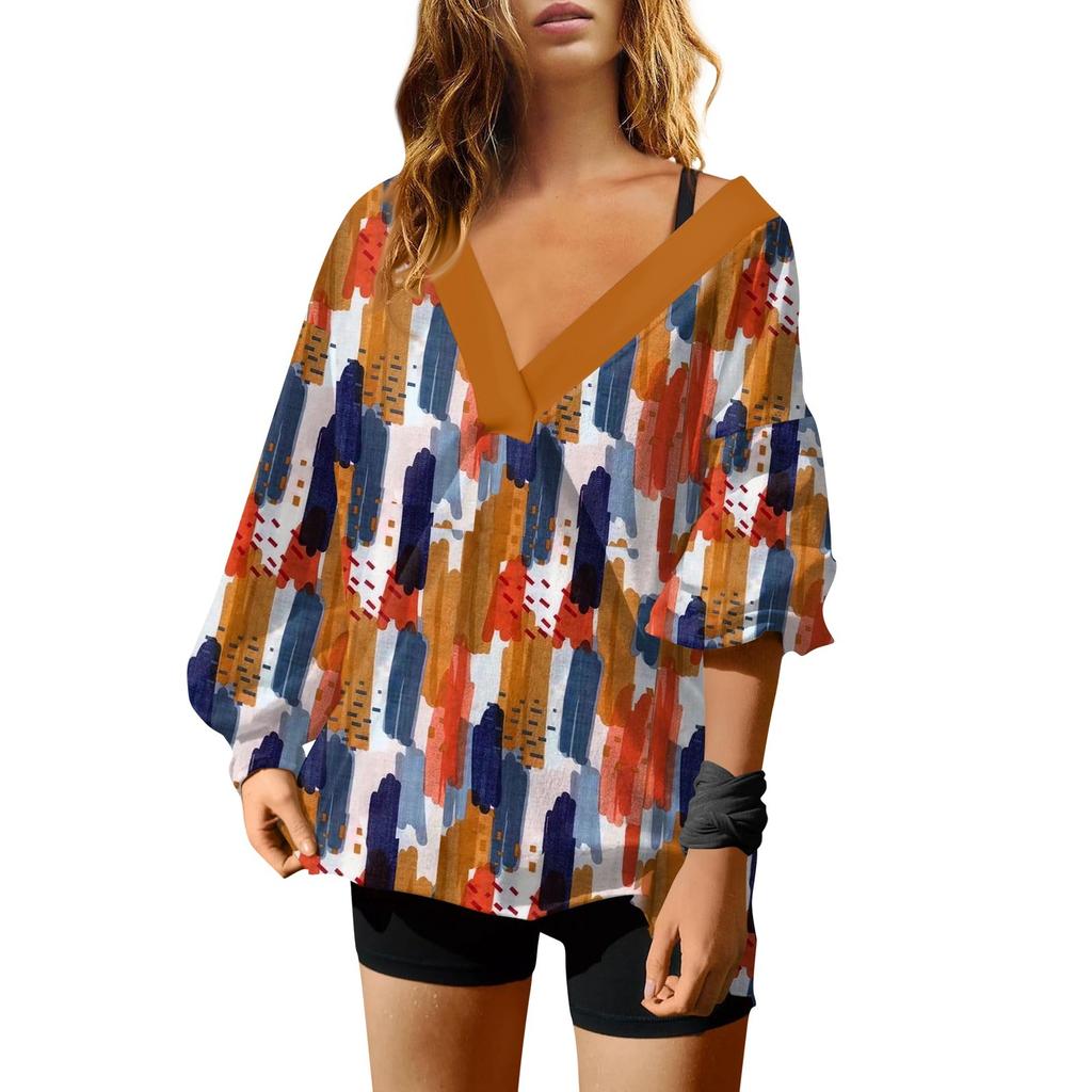 Женская мода V-образный вырез длинный рукав принтованный свободный пуловер свитшот топ