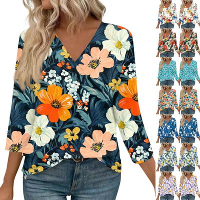 Женские топы с рукавами 3/4 и V-образным вырезом, повседневные туники, базовые рубашки, блузки свободного кроя