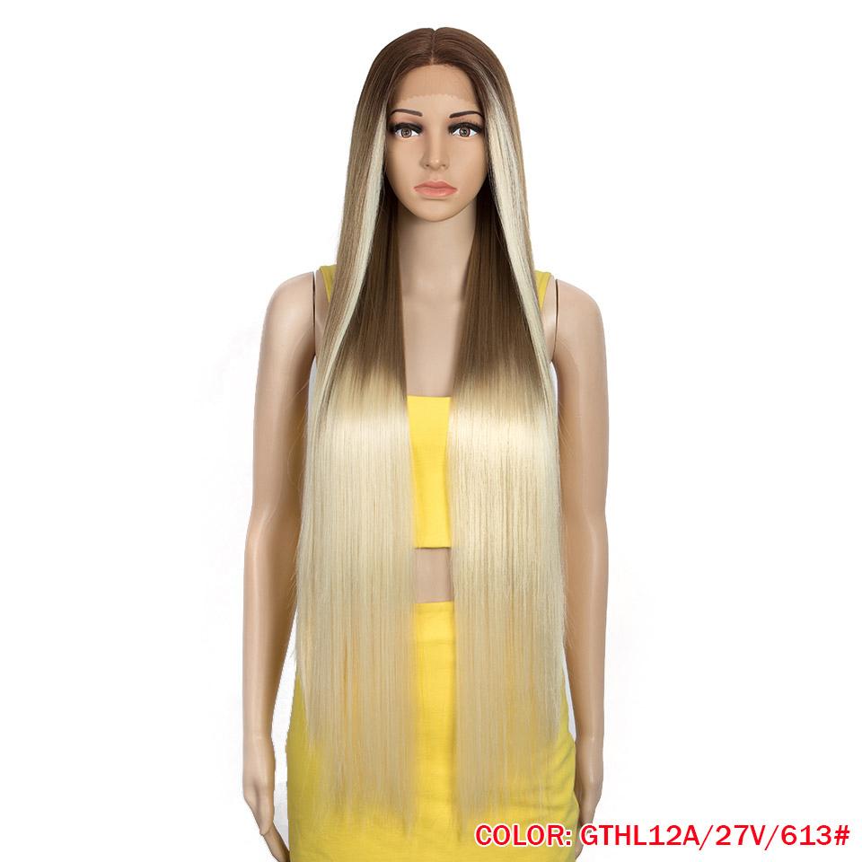 FASHION IDOL 38 inch Straight Hair Synthetic Lace Front Wigs For Women High Temperature Fiber Ombre Blonde Highlight Cosplay Wig